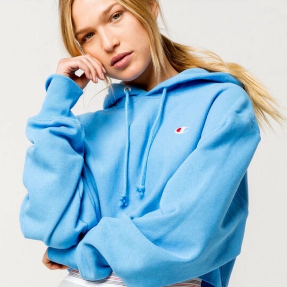 Champion Reverse Weave Cropped Hoodie Sweatshirt Size Small Blue